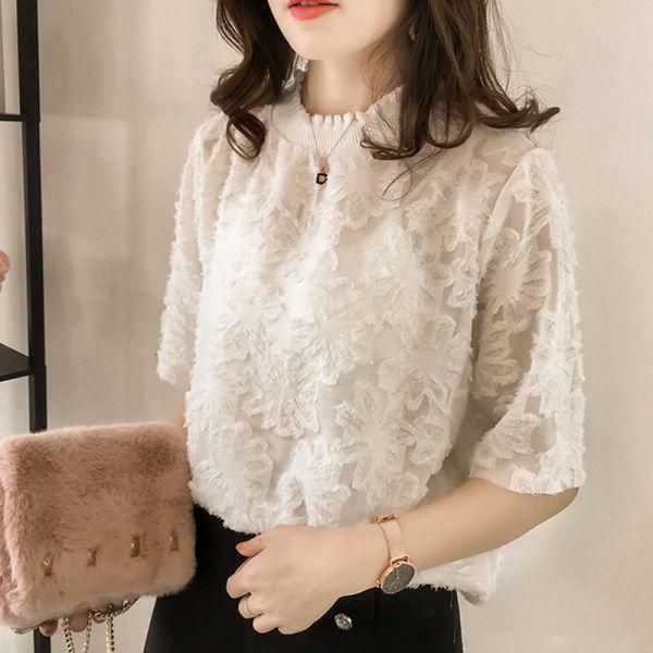 

women's polos lace floral bottoming shirts 2021 round neck loose five-sleeve chiffon shirt slim spring summer blusas, White