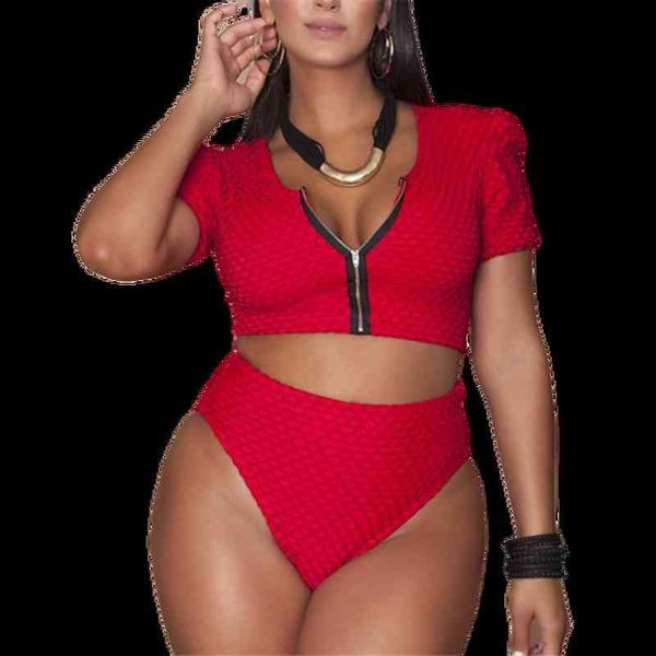 

swimwear xl-4xl plus size bikini set pad zipper front swimsuit large 2021 high waist monokini female short sleeve bathing suit, White;black