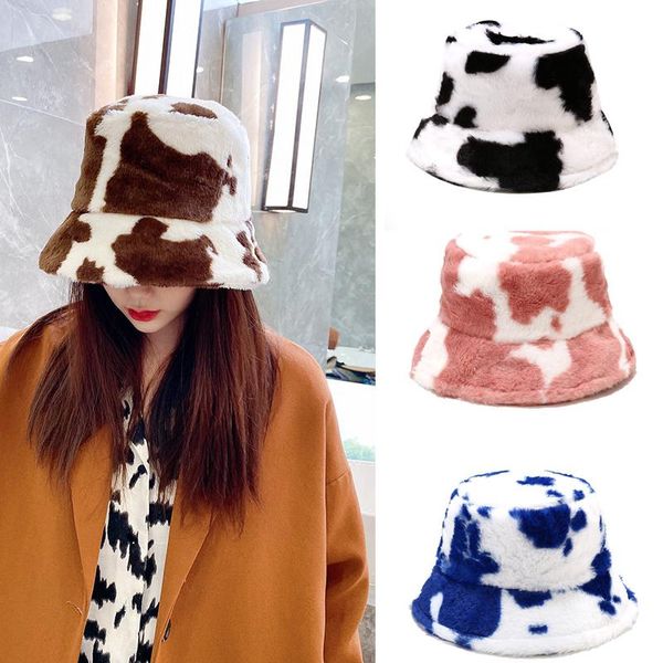 

wide brim hats plush bucket hat for women korean print fisherman winter soft comfortable men's milk cow printed basin cap unisex, Blue;gray