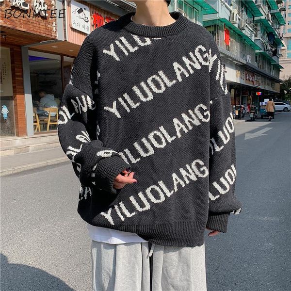 

men's sweaters men pullovers black print casual loose knitted sweater long sleeve student streetwear korean style fashion simple ulzzan, White;black
