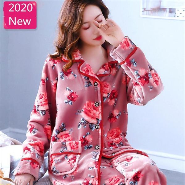 

winter pajamas warm women sleepwear embroidery thick flannel pyjamas turn down collar button shirt long pant 2piece suit, Black;red