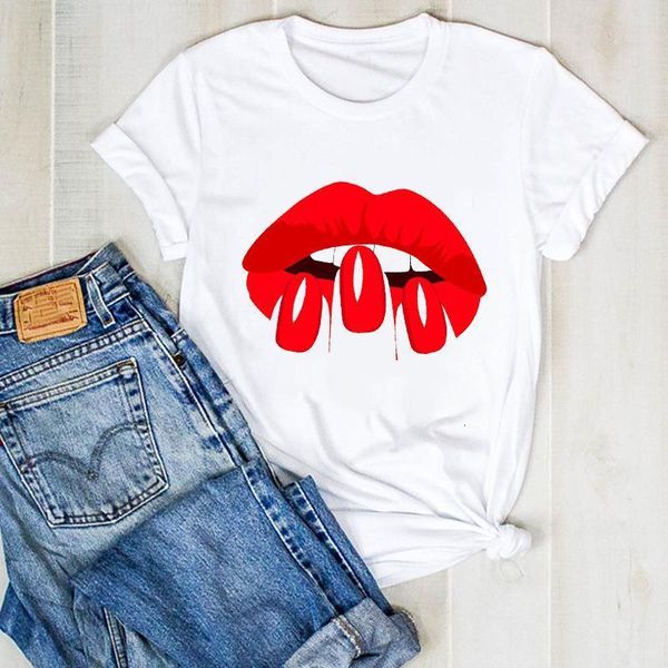 

women lady fingernail lip nail art kawaii ladies summer t tee tshirt womens female shirt clothes graphic t-shirt, White