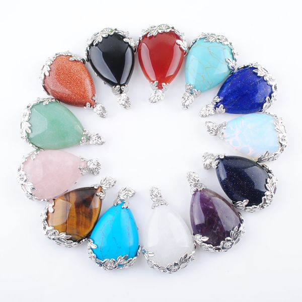 

wholesale natural gemstone teardrop pendant inlaid metal flower water drop pink quartz lapis crystal opal turquoise agate women men jewelry, Silver