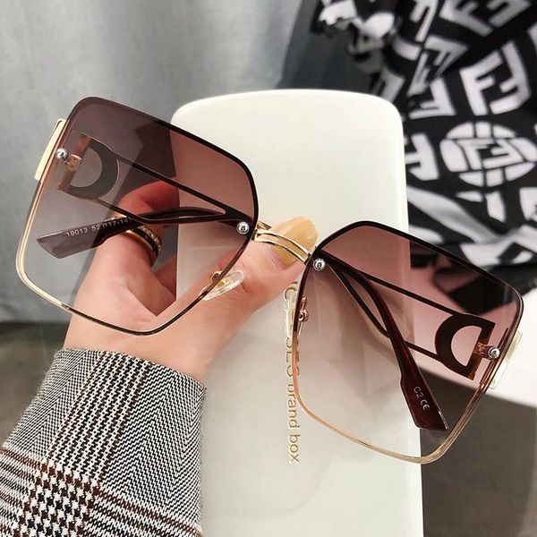 

outdoor eyewear 2021rimless square sunglasses women fashion big box brownglasses anti-uv400 womenr zonnebril dames