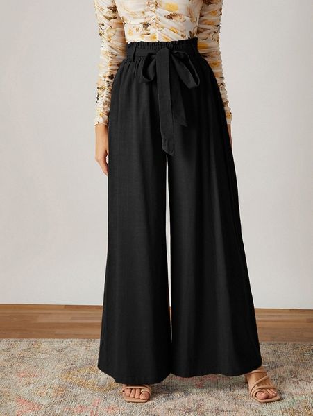 

paperbag waist belted palazzo pants 33ly#, Black;white