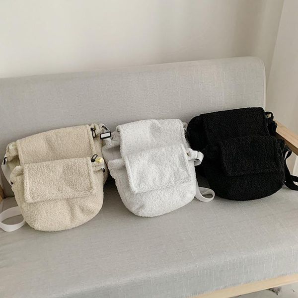 

plush women's shoulder bag simple cute plush solid color flip zipper messenger student bag daily mobile phone change handbag