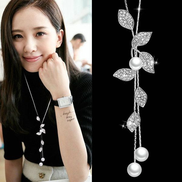 

chains 2021 earrings ringsearringsspring simple temperament pearl leaf tassel necklace sweater chain dress accessories ornaments, Silver