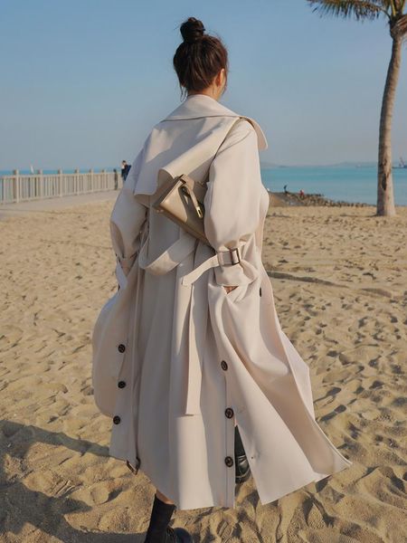 

women's trench coats korean style fashion long double-breasted women coat beige duster for lady spring autumn female cloak outerwear, Tan;black