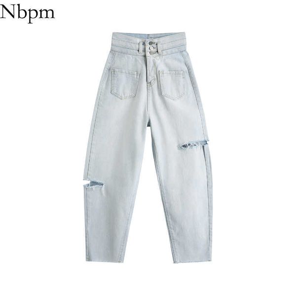 NBPM Mulheres Chic Moda Ankle-Comprimento Calças Alto Cintura Buraco Rasgado Mulher Jeans All-Match Solta Primavera Verão 210529