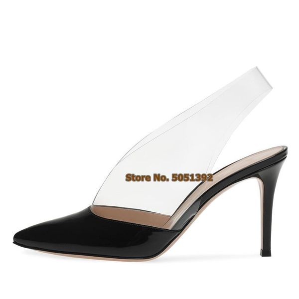 

dress shoes transparent pvc clear high thin heel patchwork pumps leather pointed toe heels slingback large size back strap, Black