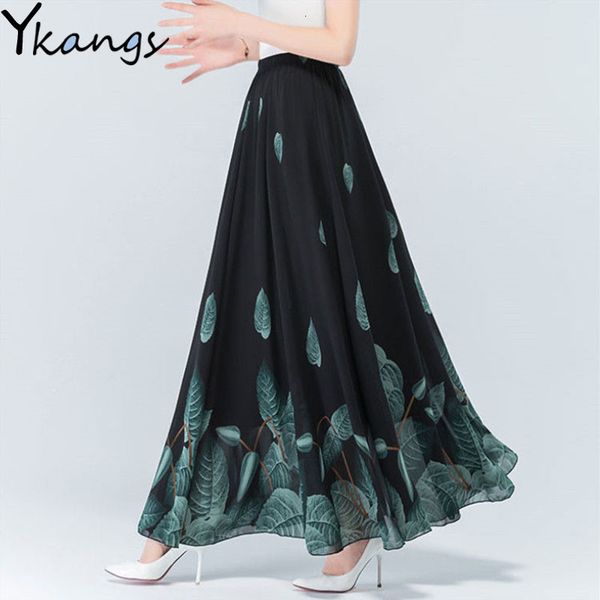 

2021 plus size high waist chiffon women midi skirts summer autumn office lady casual floral print female maxi beach skirt hk3k, Black