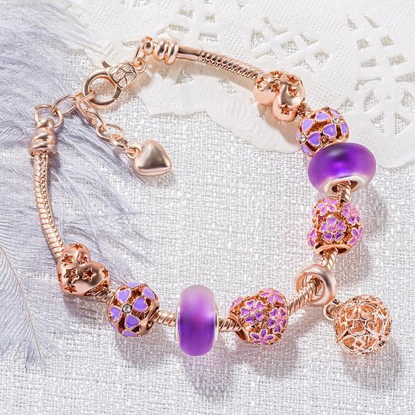 

link, chain 2021 fashion trendy women bracelet jewelry rose gold plated heart pendant bangles charm flower beaded bracelets sbr210061, Black