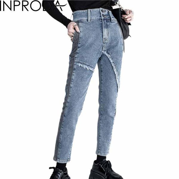 

inproda women jeans pants patchwork highwaist jeans irregular trousers women long denim pants denim pencil spring, Blue