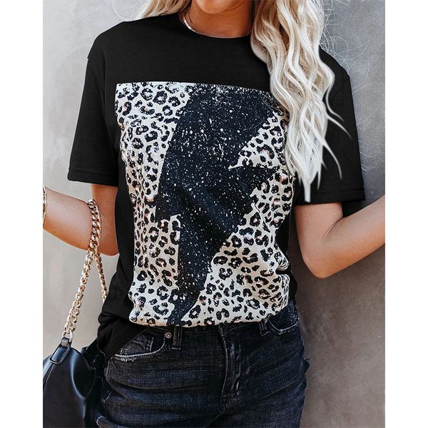 

summer women's lightning leopard print short sleeve t-shirt, White