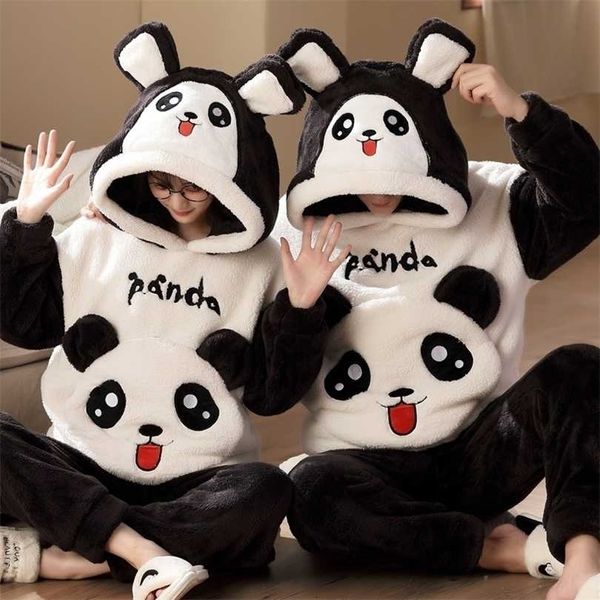 Chegada Inverno Pijama Homens Coralfleece Pijamas Dos Desenhos Animados Panda Hoodie Engrossar Nightclothes Amantes 211215