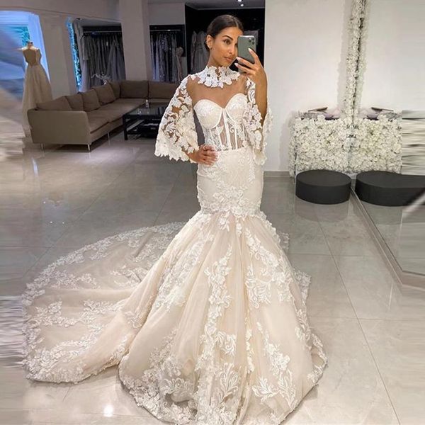 

high neck long puff sleeves lace mermaid wedding dresses 3d floral appliques court train lace-up back plus size beach garden bridal gowns, White
