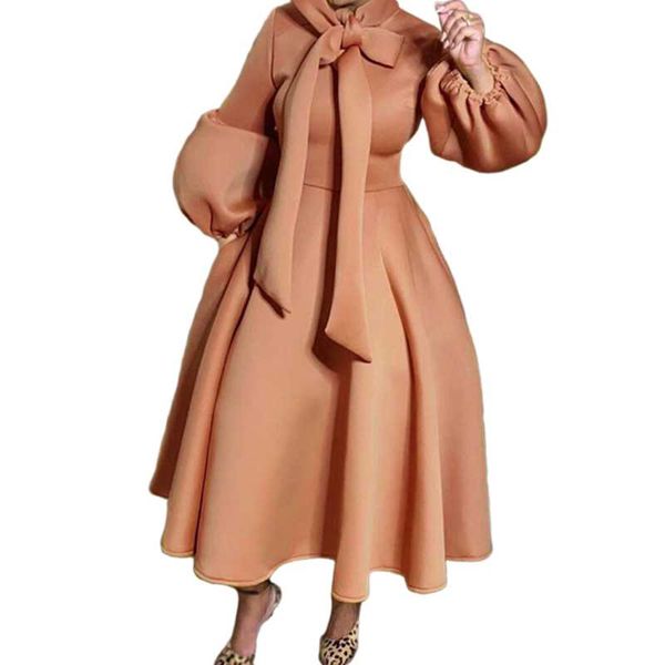 

casual office lady plus size party dress autumn winter fashion designer thin sellers bow tie lantern sleeve swing, Black;gray