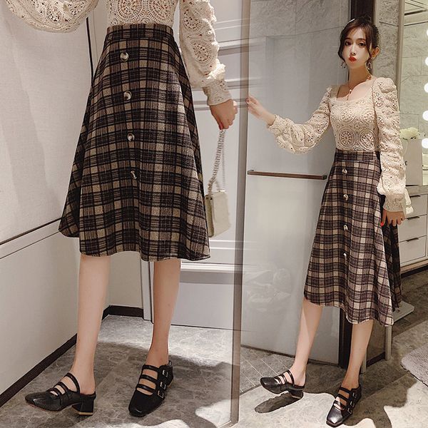 

skirts get plaid wool out for autumn/winter high-waist style high-weight female student mid-length a-line skirt 44v8, Black