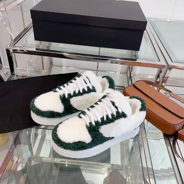 

2021 luxury designer women casual shoes fashion patchwork color fluffy furry flat soled lace up platform sneakers autum winter outdoor ladie, Black