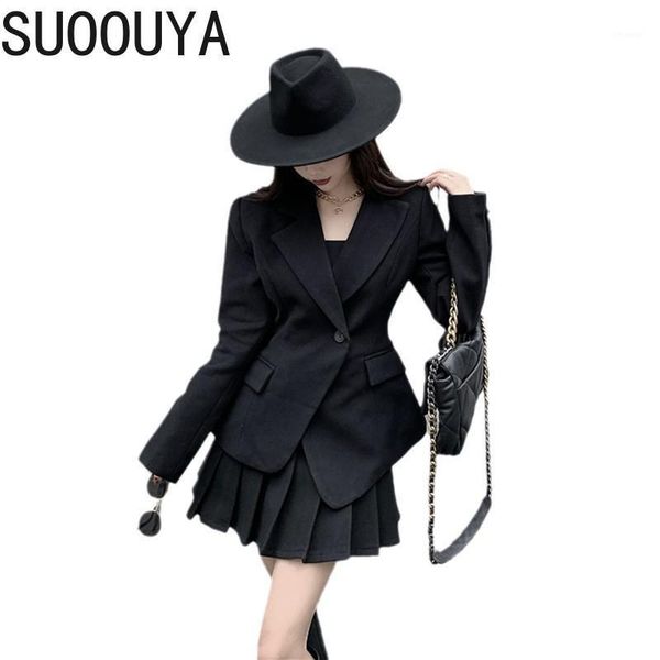 

women's suits & blazers [suoouya] women vintage white black suit blazer soild jackets all match woolen coats 2021 fashion long