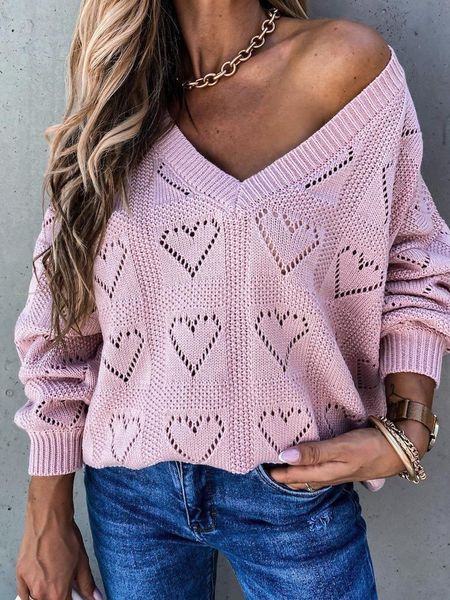 Damenpullover Herbst Frühling Frauen Valentinstag Kleidung Sexy tiefer V-Ausschnitt Langarm Lose Hearted Hollow Out Pullover Strickpullover