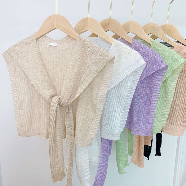 

knitted striped women's summer sun protection knot small shawl with shoulder thin ice silk scarf versatile decoration, Blue;black