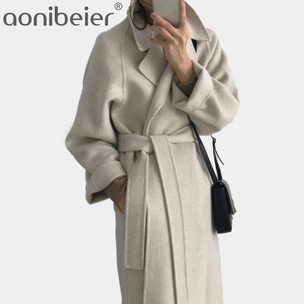 

women's wool & blends aonibeier autumn winter minimalist full sleeve woolen coat long warm color fashion casual loose with belt, Black