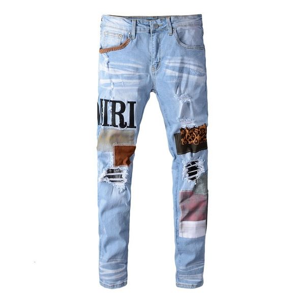 

2021 light-colored embroidered men brand fashion streetwear slim fit white jeans stretch ny patch denim pants trousers o4uh, Blue