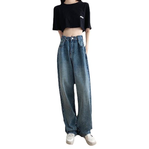 

women's jeans summer wide-legged women slim blue pants 2021 loose straight high waisted