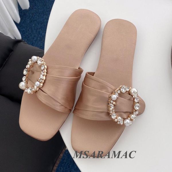 

slippers summer crystal metal frame peeking out toes wear apricot silk ladies dress shoes woman party, Black