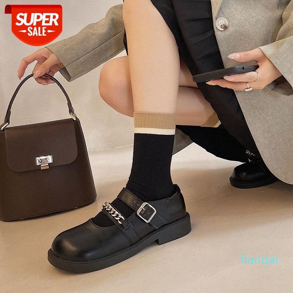 

women's shoes soft girl sweet and cool black small leather autumn fashion chain thick heel mary jane single women #9n5t