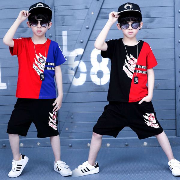 

2021 new cuhk korean summer boys' handsome short sleeve suit children's hip hop fashion sports two piece set, White