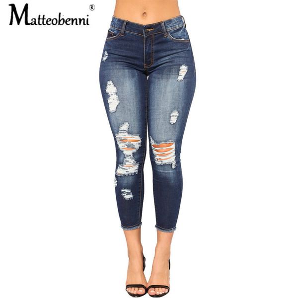 

new fashion woman 2021 female pants high bounce holes women's denim small feet tight hips trousers ripped jeans for women bgtq, Blue