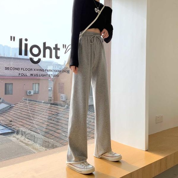 

women's pants & capris small gray wide-leg summer loose high waist straight elastic sports casual mop thin, Black;white
