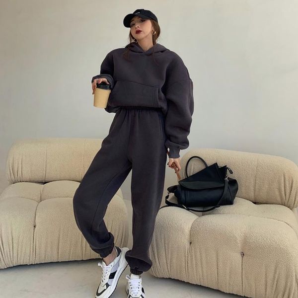 

women's two piece pants casual sports suit autumn winter loose fashion plus velvet thick two-piece hooded sweatshirt + high waist sweat, White