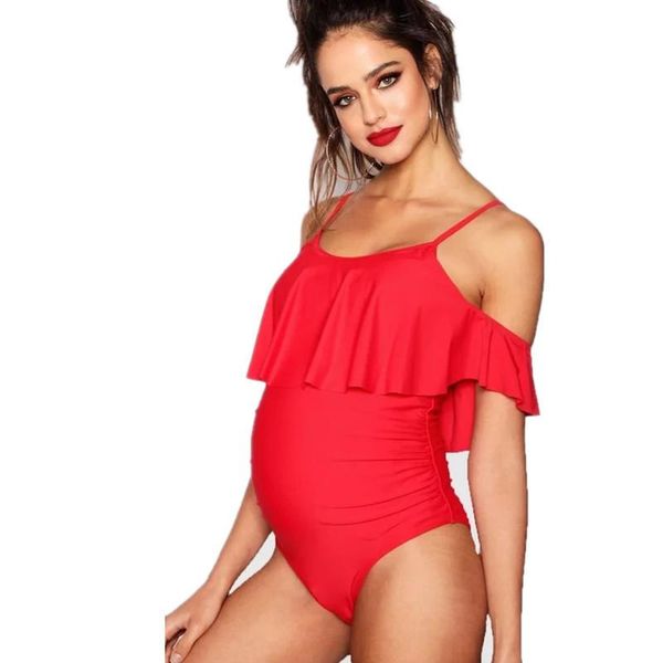 

swim suit women swimwear one piece swimsuit plus size word shoulder falbala pure color pregnant tong solid polyester sierra