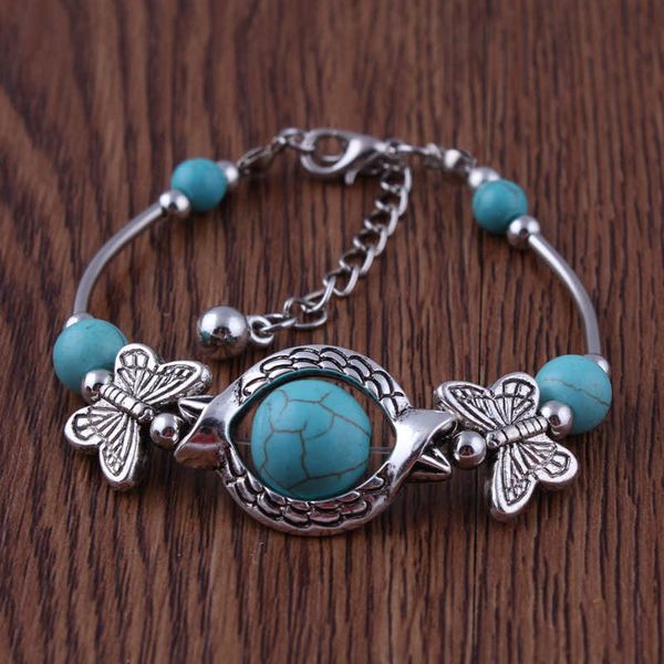 

engraving butterfly tibetan silver turquoise link chain bracelets dymtqb030 fashion gift national style women men's diy bracelet, Black
