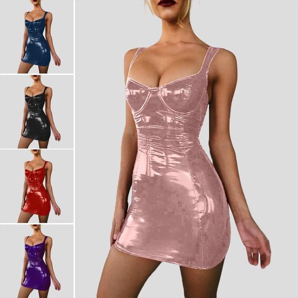 

latex faux leather bodycon women dresses mini summer sleeveless strap club vestido, Black;gray