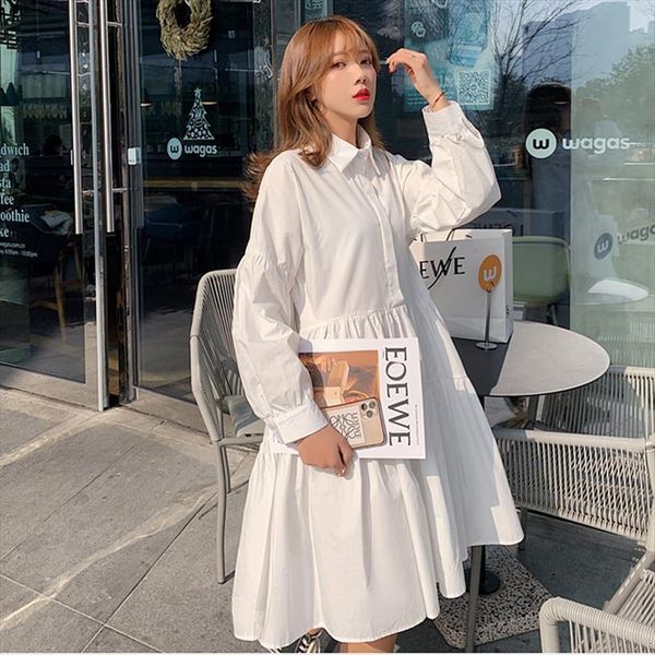 

long sleeve white black shirt women dresses summer autumn korean button pleated sweet casual plus size a line, Black;gray