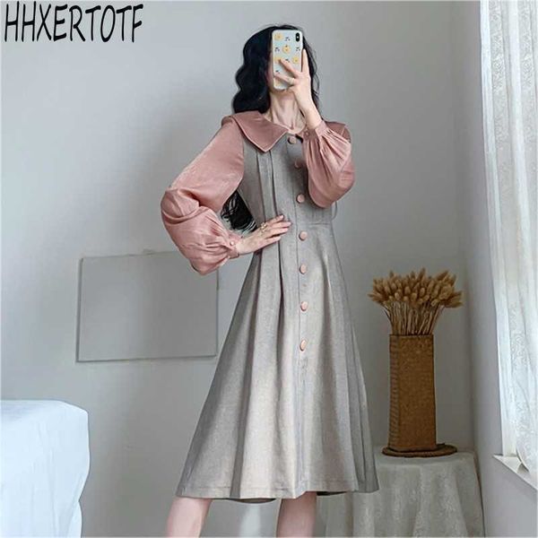 

spring fashion elegant women o neck lantern sleeve retro long dress 210531, Black;gray