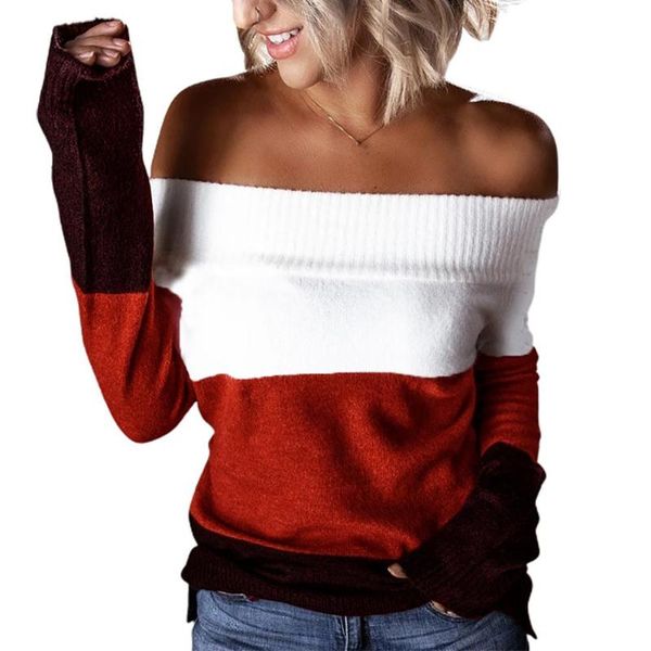 

off shoulder knitted sweater patchwork fashion trend popular long sleeve brown green grey red soft pullover wholesale 2021, White;black