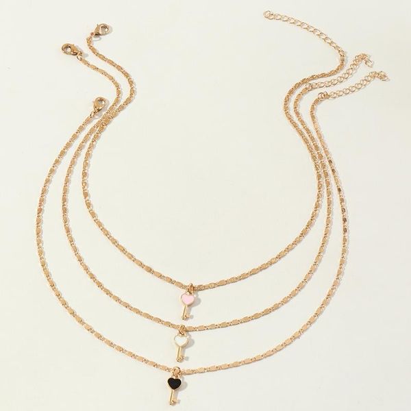 

chains 3pcs/set bohemian pink white black key shape pendant necklace women simple personality daily jewelry birthday gift, Silver