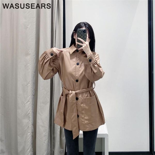 

women jackets spring autumn faux leather jackets women long sleeve turn down collar jacket with belt button leather coat fashion, Black;brown