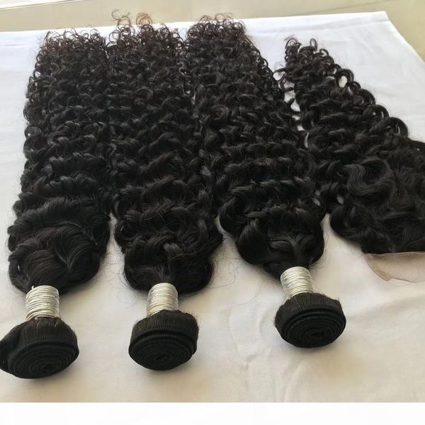 

elibess 9a remy hair brazilian virgin hair weft 3pcs and 4*4 closure water wave natural color, Black