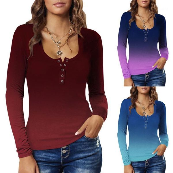 

women's t-shirt fashion print pullover color square neck gradient long sleeve beautiful casual autumn clothing #30, White