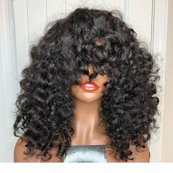

peruvian curly 13x6 lace front human hair wigs with baby hair full lace wigs bangs for women bleached knots natrual hairline fringe, Black