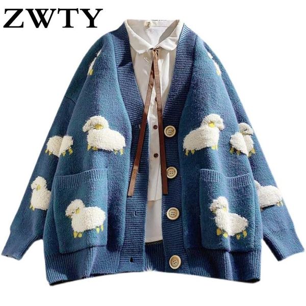 

women's knits & tees zwty autumn winter knitted female cardigan loose streetwear knit sweater coat cute cartoon print v neck women j, White
