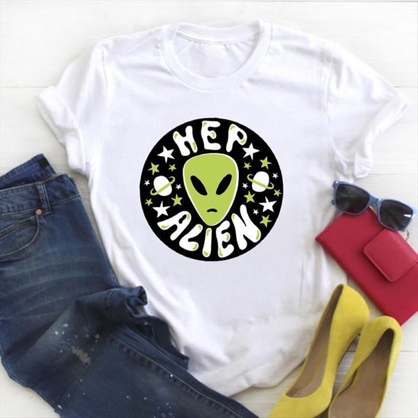 

cartoon ufo face 90s womens t shirts fashion print summer tee clothes graphic, White