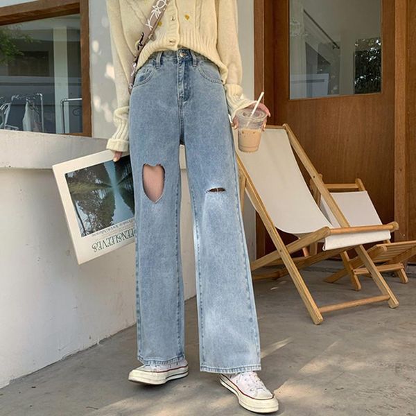 

women's jeans shnsophi harajuku woman wide leg denim ripped high waist clothing streetwear vintage quality 2021 fashion straight pants, Blue