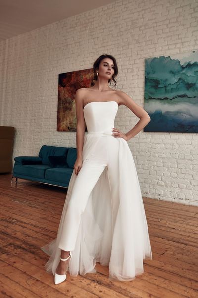 

bohemia wedding dress jumpsuit with detachable train strapless boho bridal gowns custom made pants suit bride formal reception dresses elope, White